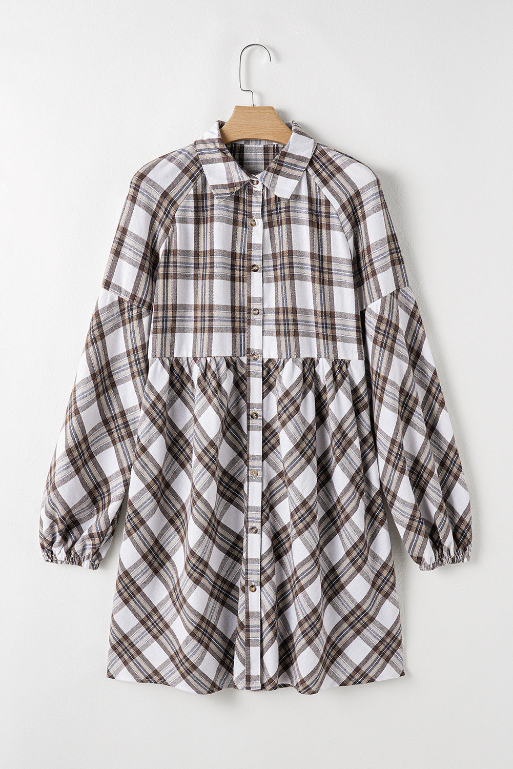 Full Size Plaid Collared Neck Balloon Sleeve Mini Shirt Dress 