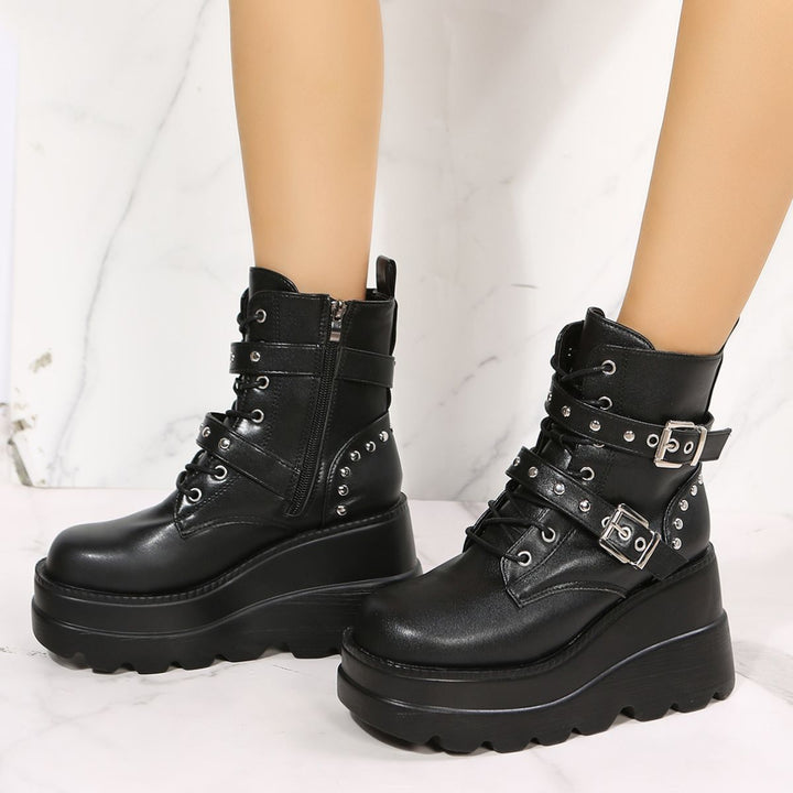 PU Leather Wedge Boots with Side Zip 