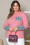 Plus Size Leopard Round Neck Long Sleeve T-Shirt 
