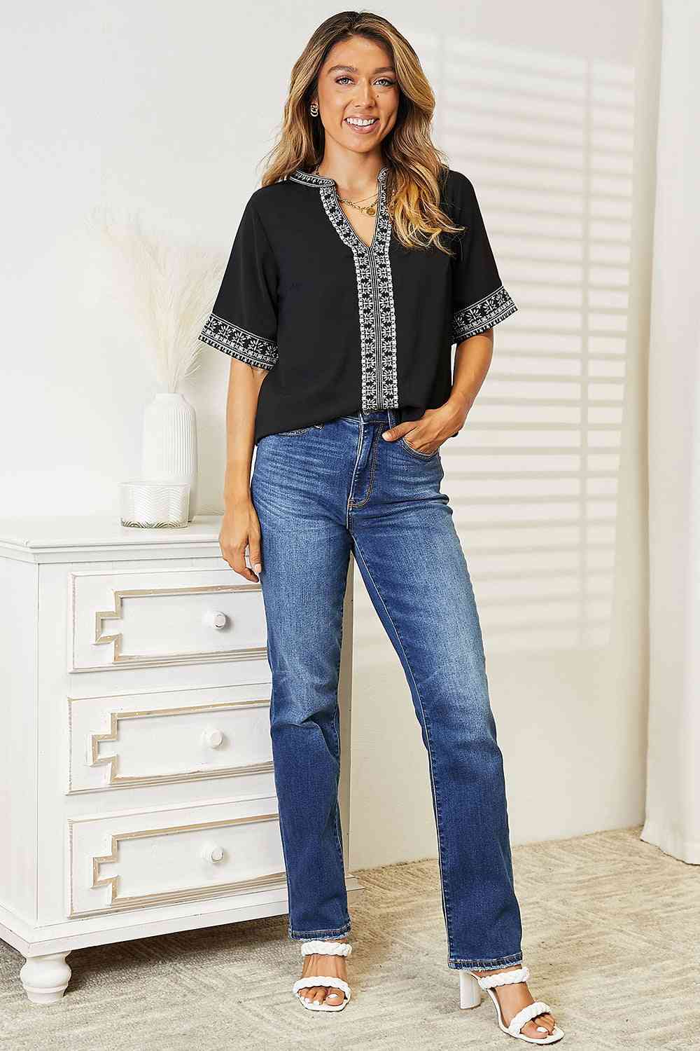 Double Take Embroidered Notched Neck Top 