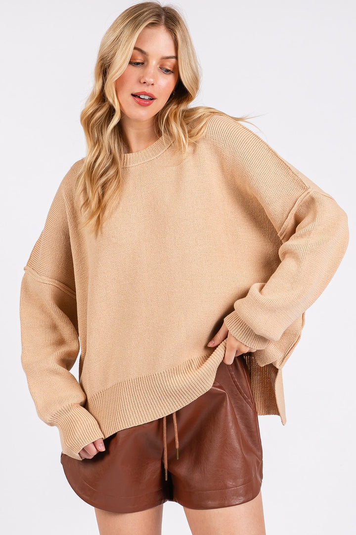 Mittoshop Side Slit Round Neck Drop Shoulder Sweater 