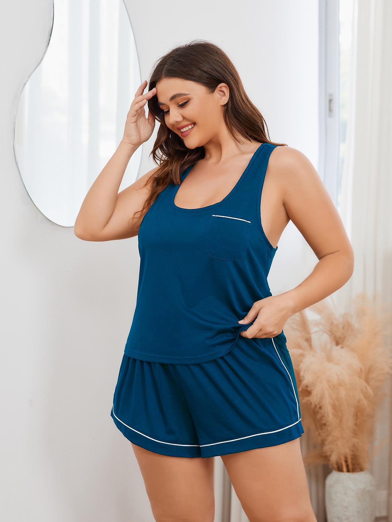 Plus Size Contrast Piping Racerback Tank and Shorts Lounge Set Lingerie & Nightwear
