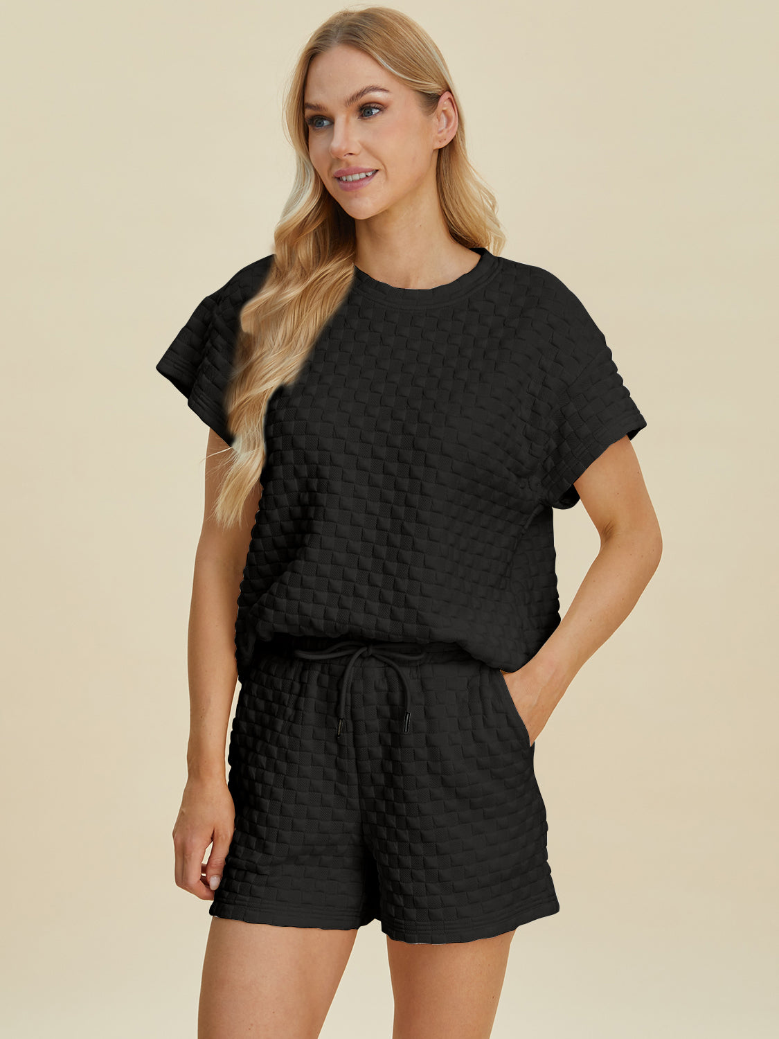 Double Take Full Size Texture T-Shirt and Shorts Set 