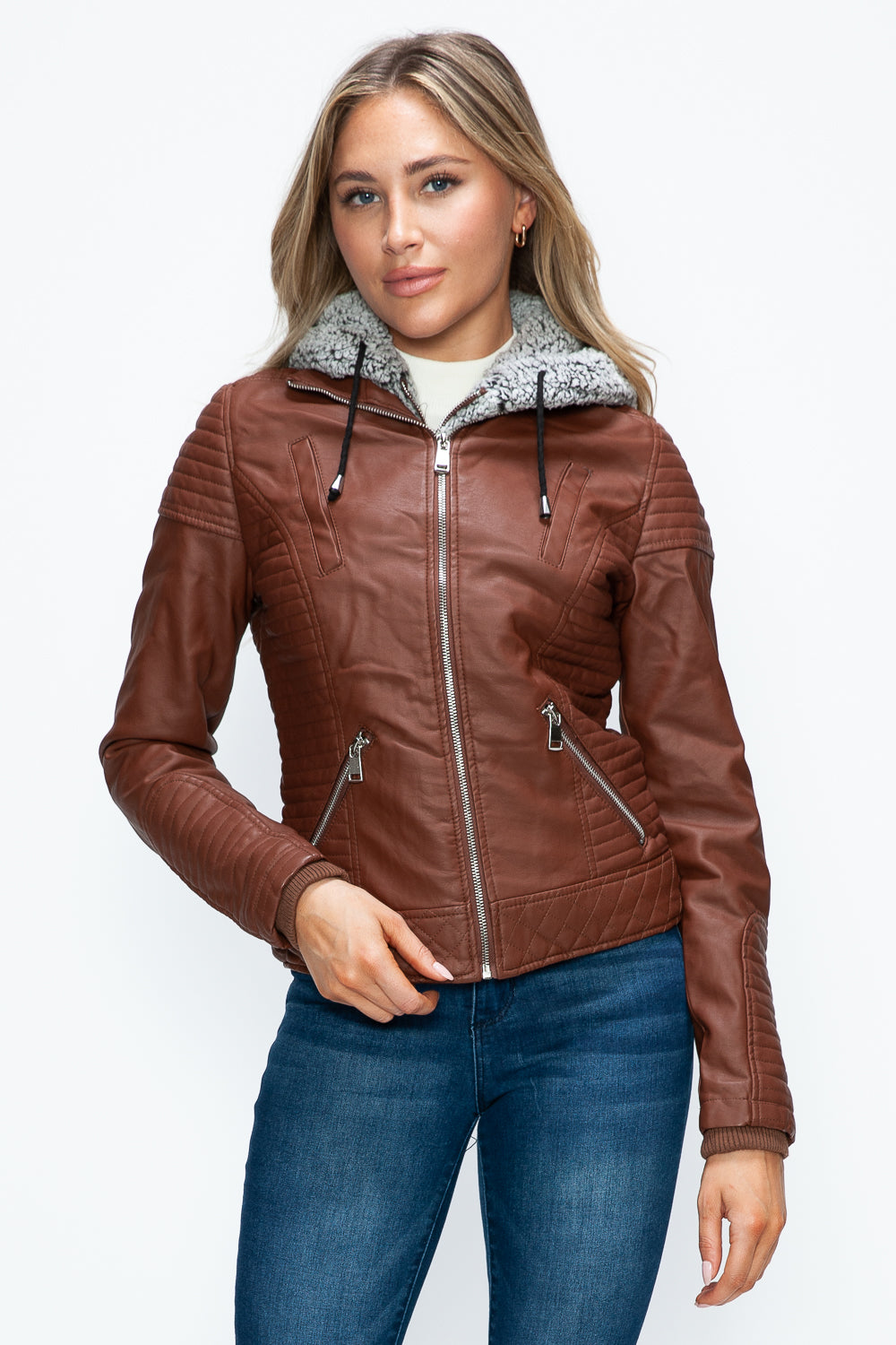 YMI Faux Layered Double-Zipper Jacket with Fuzzy Hood 