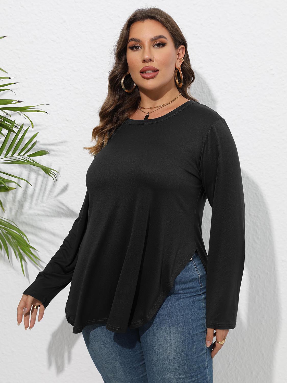 Plus Size Round Neck Long Sleeve Slit T-Shirt 