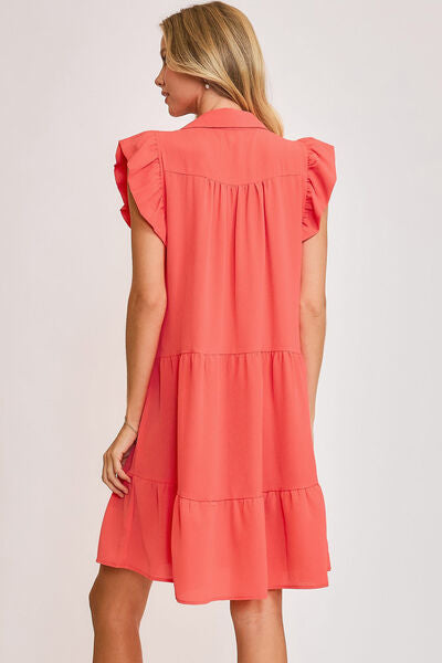 Umgee Full Size Johnny Collar Ruffle Cap Sleeve Tiered Dress Plus Size Dresses