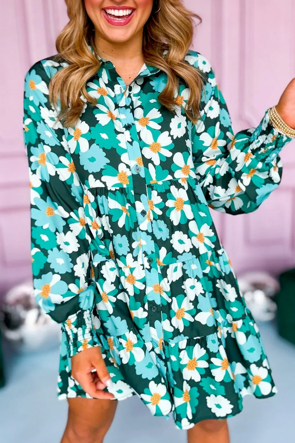 Green Floral Tiered Long Puff Sleeve Shirt Dress Dresses/Floral Dresses