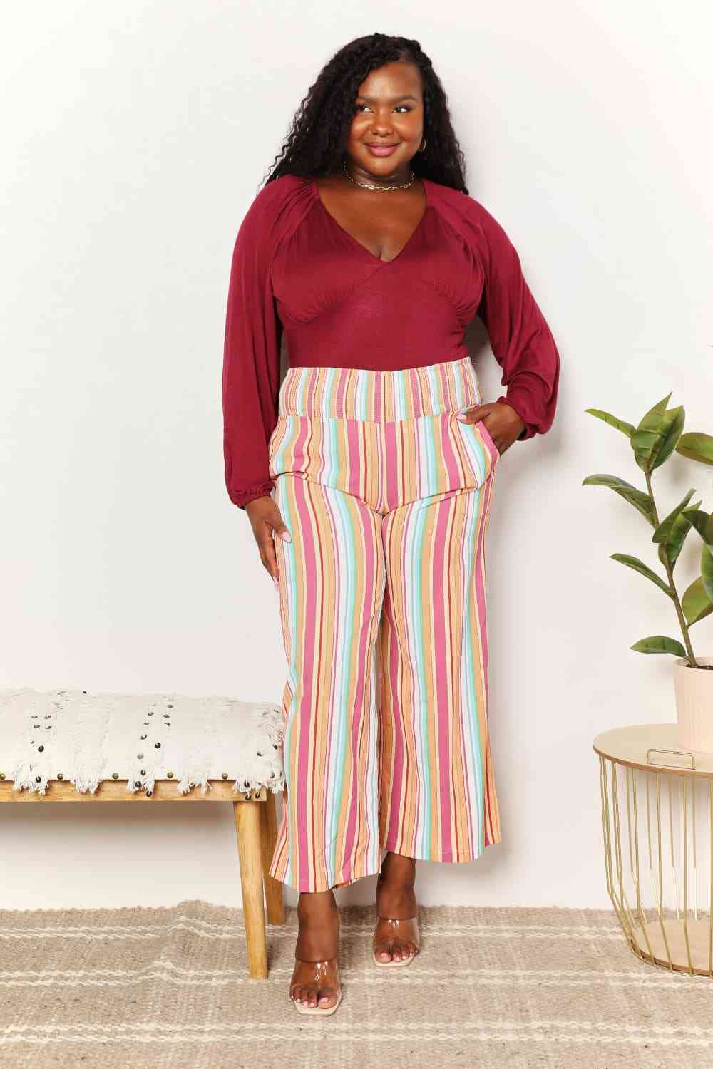 Double Take Striped Smocked Waist Pants with Pockets 