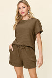 Double Take Full Size Texture Short Sleeve T-Shirt and Drawstring Shorts Set 