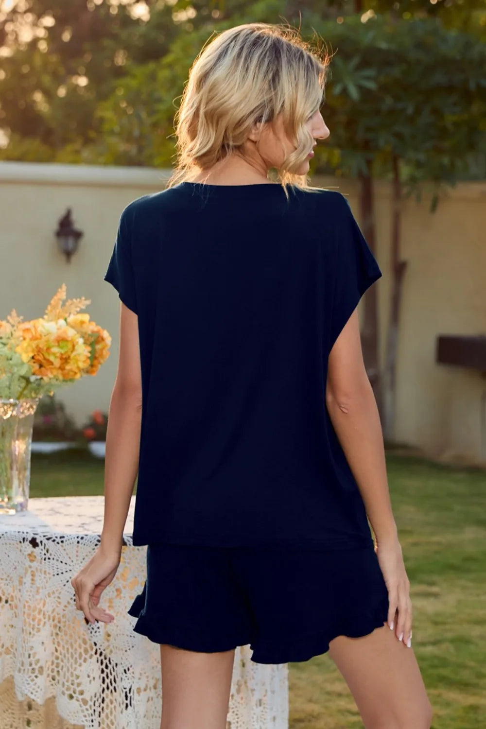 Round Neck Short Sleeve T-Shirt and Drawstring Shorts Lounge Set Lingerie & Nightwear