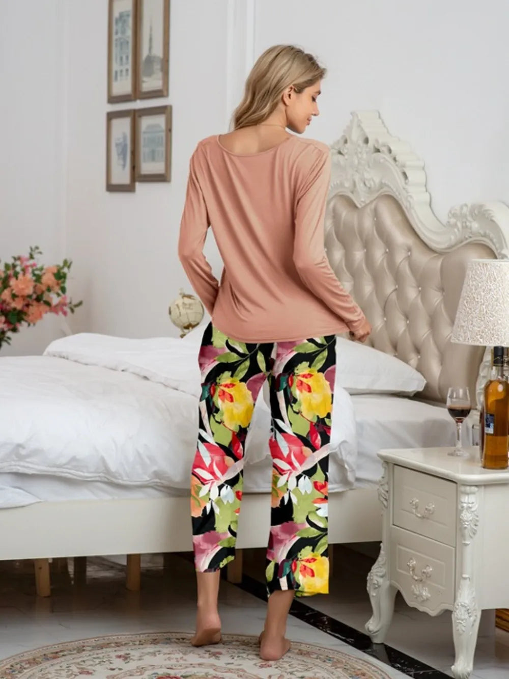 Round Neck Top and Printed Pants Lounge Set Lingerie & Nightwear