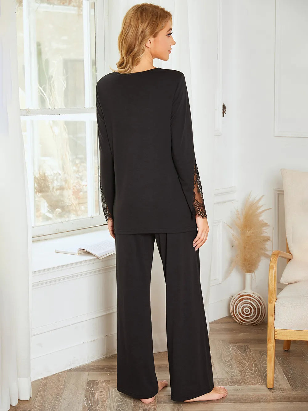 Lace Detail Long Sleeve Top and Pants Lounge Set Lingerie & Nightwear