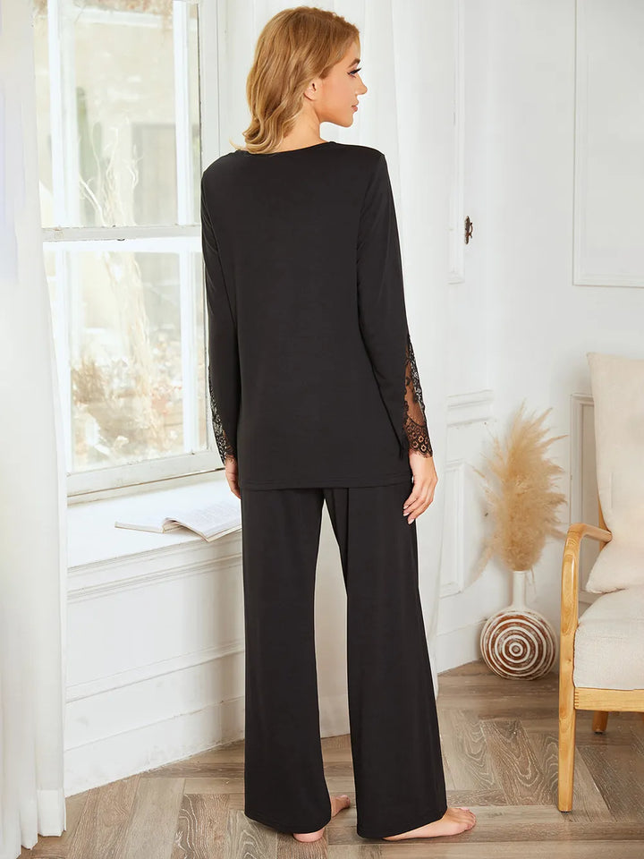 Lace Detail Long Sleeve Top and Pants Lounge Set Lingerie & Nightwear