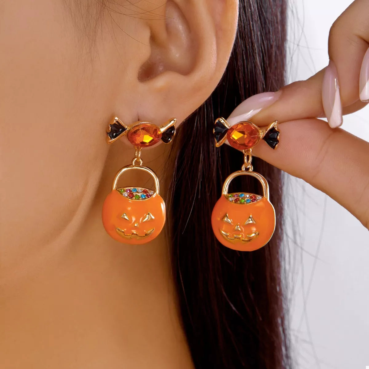 Halloween Rhinestone Pumpkin Dangle Earrings 