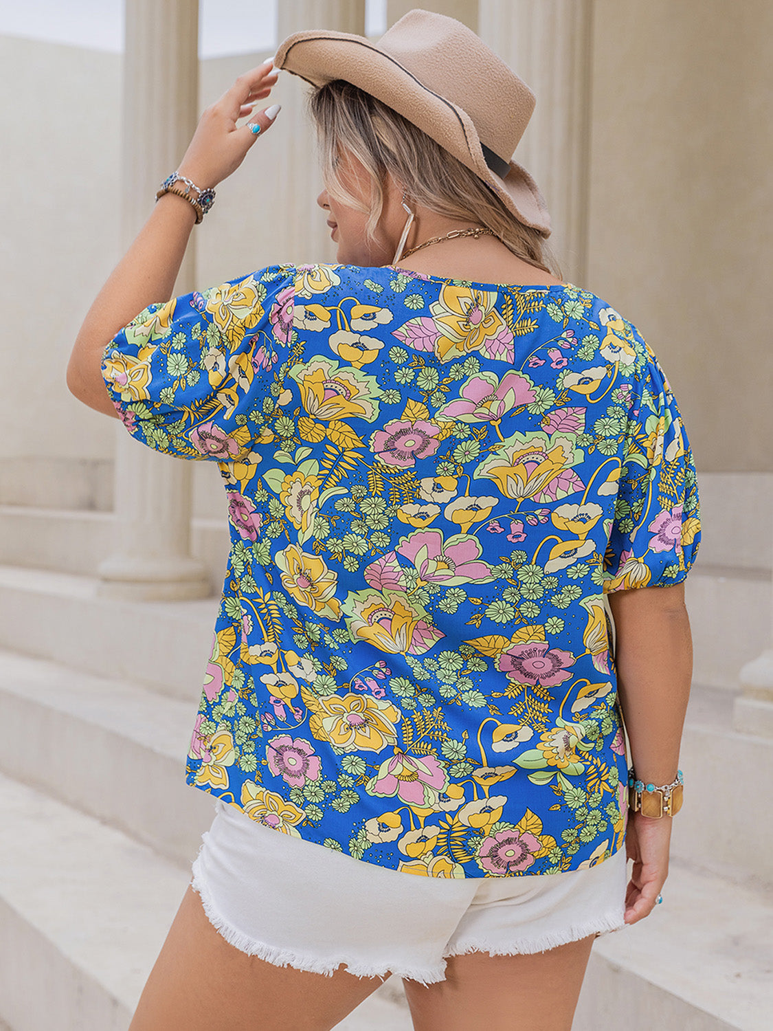 Plus Size Printed Notched Short Sleeve Blouse 