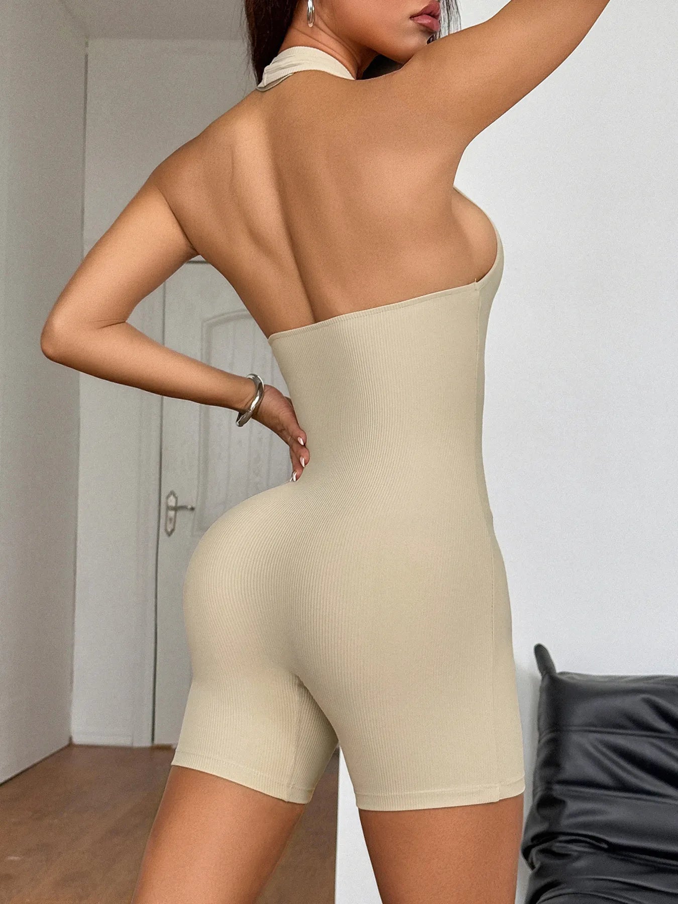 Halter Neck Ribbed Athletic Romper 