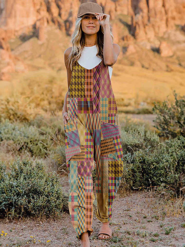 Double Take Full Size Printed V-Neck Sleeveless Jumpsuit 