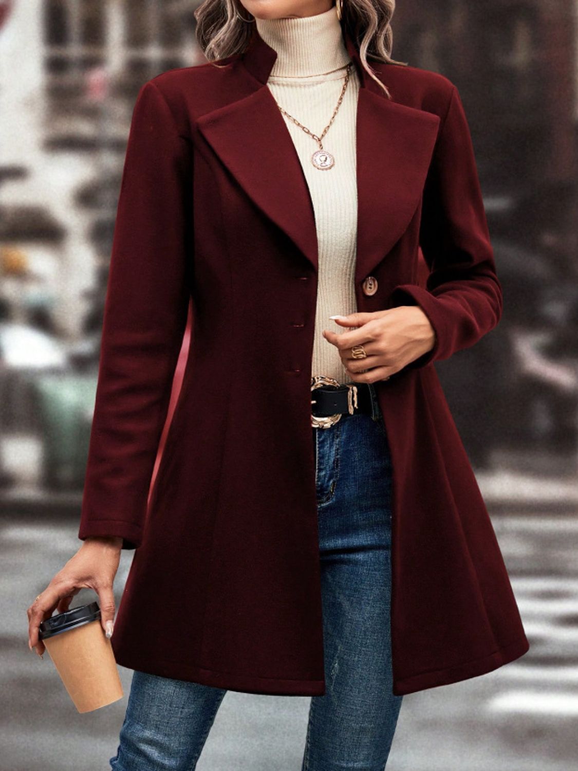 Collared Neck Button Up Long Sleeve Coat 