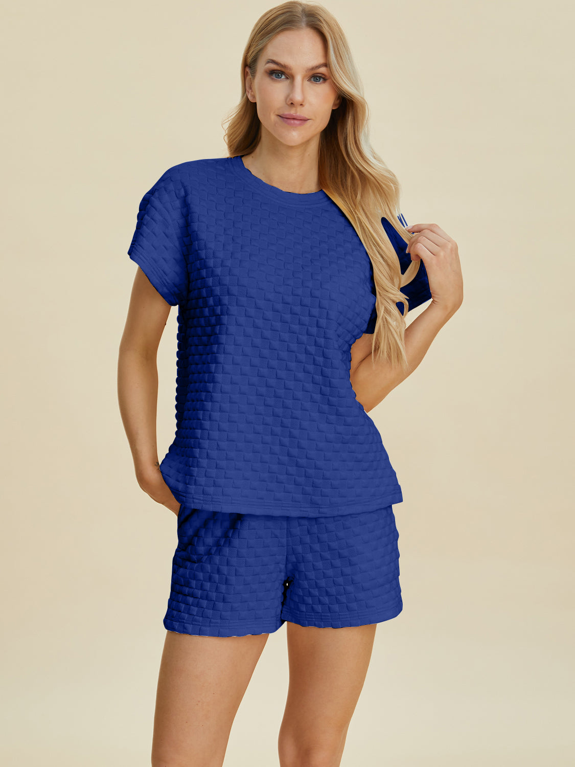 Double Take Full Size Texture T-Shirt and Shorts Set 