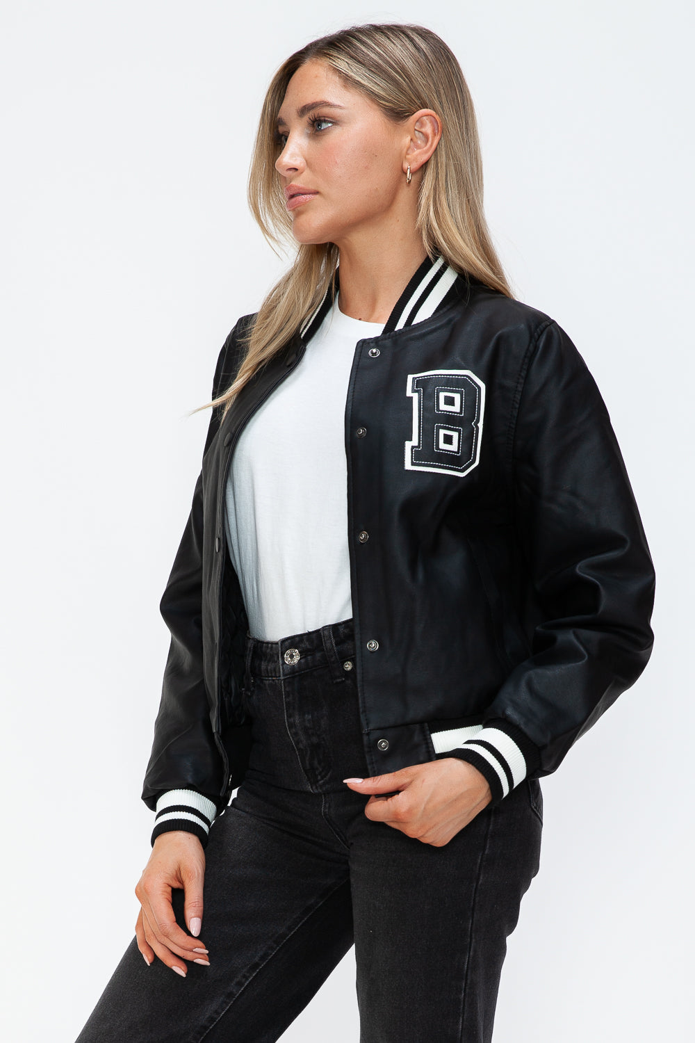 Love Me Now PU Leather Contrast Snap Down Bomber Jacket 