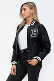 Love Me Now PU Leather Contrast Snap Down Bomber Jacket 