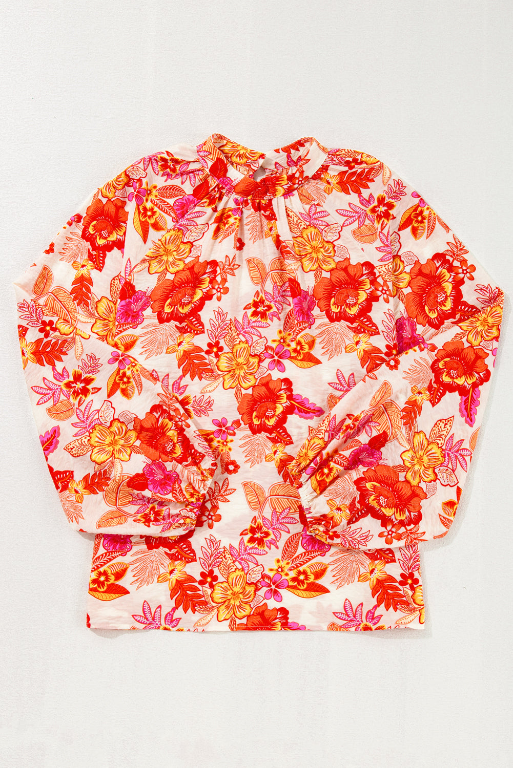 Orange Floral Print Pearl Button Keyhole Long Puff Sleeve Blouse Tops/Blouses & Shirts