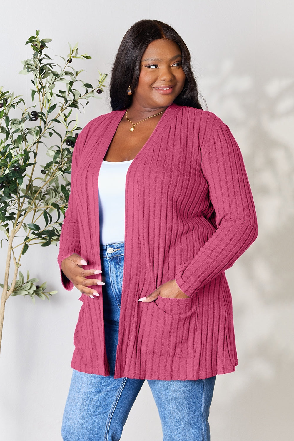 Basic Bae Full Size Ribbed Open Front Cardigan with Pockets 