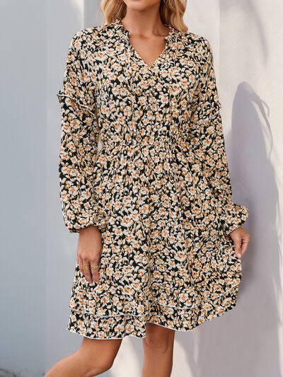 Perfee Printed Tie Neck Long Sleeve Mini Dress Dresses