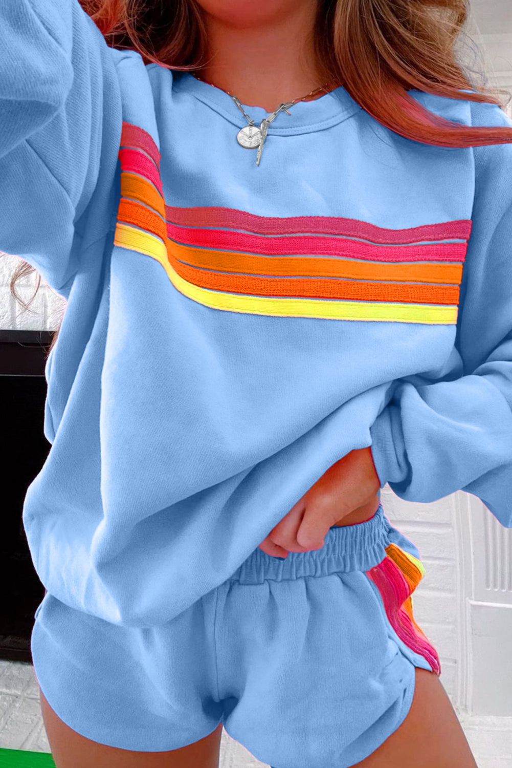 Beau Blue Striped Accent Pullover and Shorts Two Piece Casual Set Two Piece Sets/Short Sets