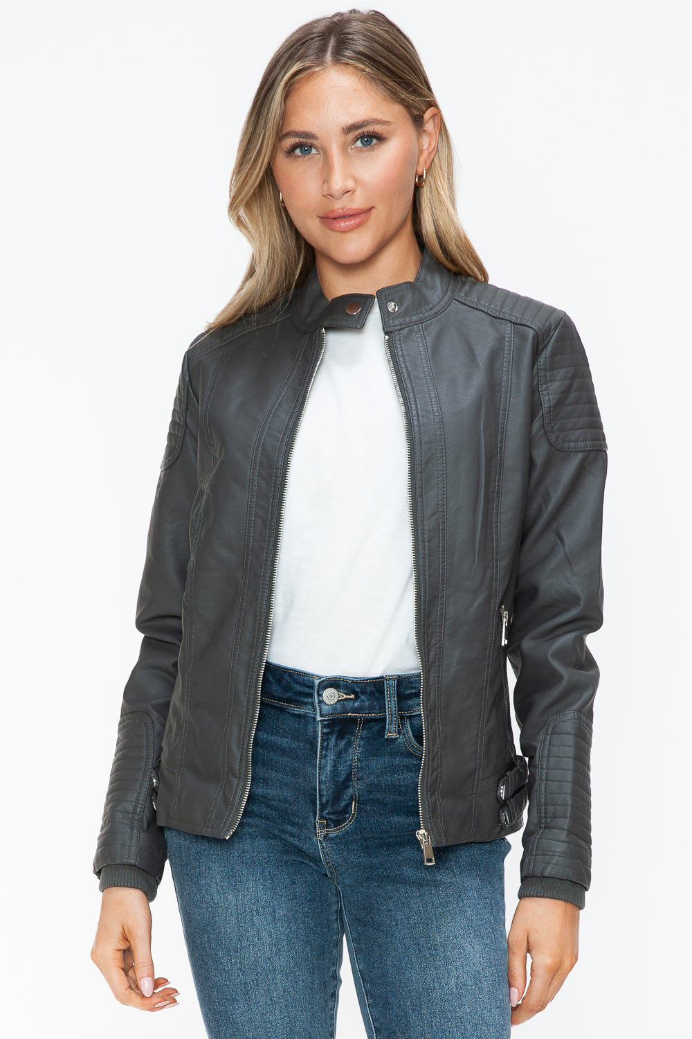 Snobbish Faux Leather Biker Jacket with Side Zip Pockets 