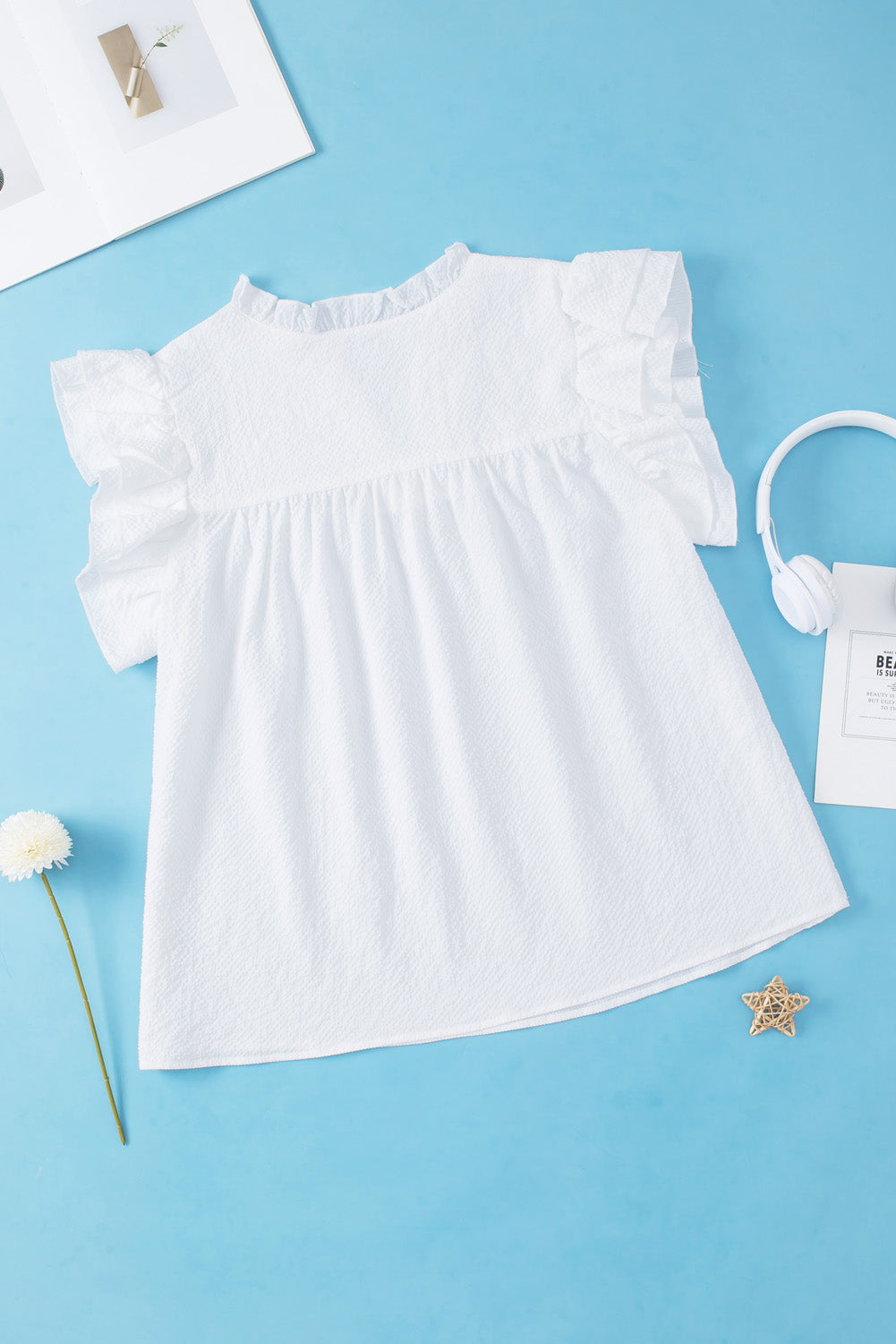 Plus Size Ruffled Notched Cap Sleeve Blouse 