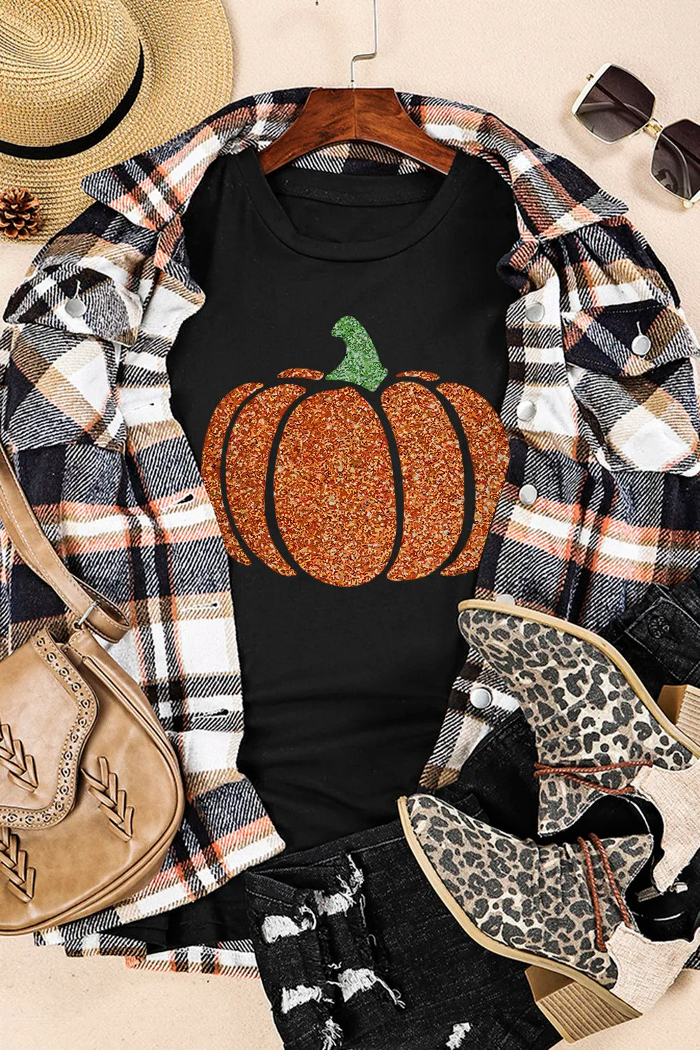 Glitter Pumpkin Round Neck Short Sleeve T-Shirt 