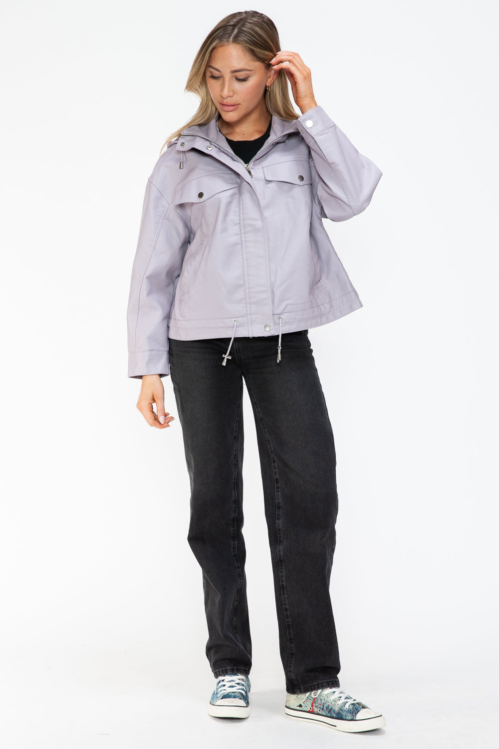 How Dare U Drawstring Hem PU Leather Zip Up Jacket 