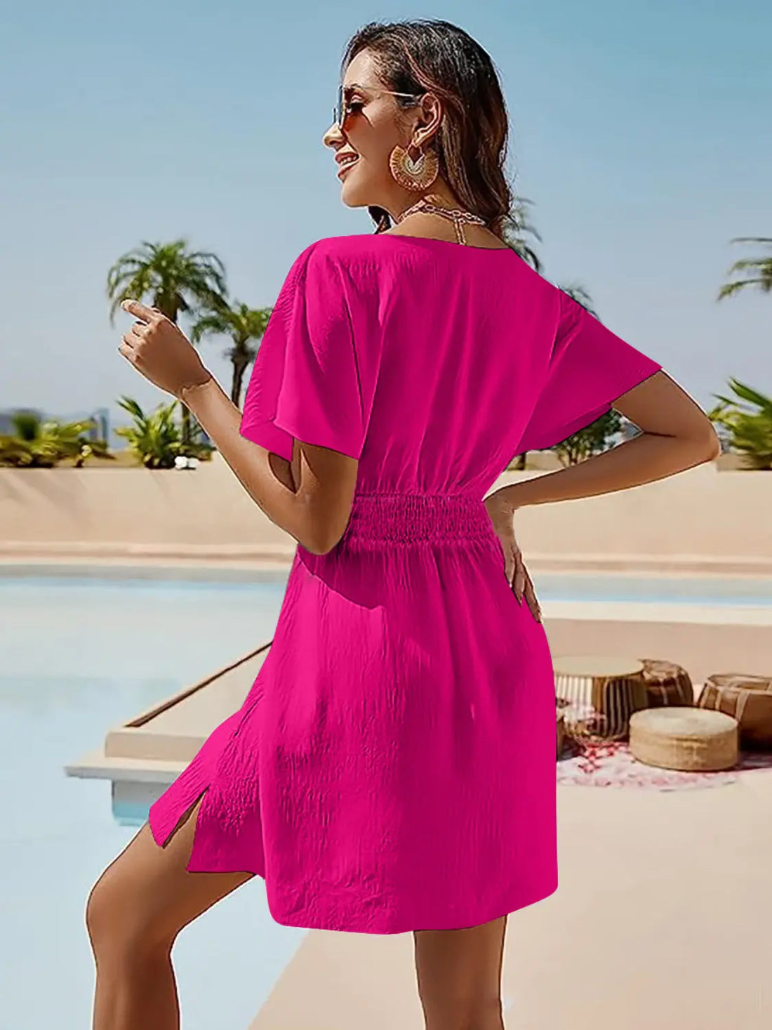 Smocked V-Neck Short Sleeve Dress 
