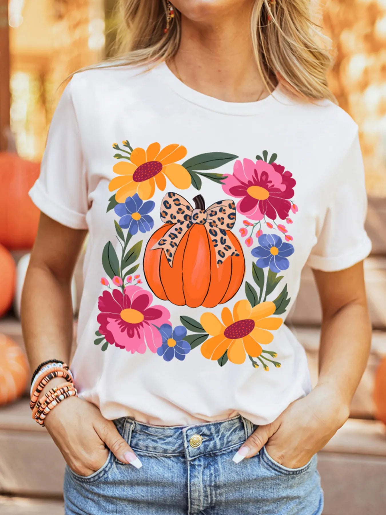 Pumpkin Floral Graphic Round Neck T-Shirt 