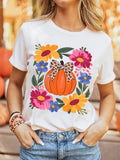 Pumpkin Floral Graphic Round Neck T-Shirt 