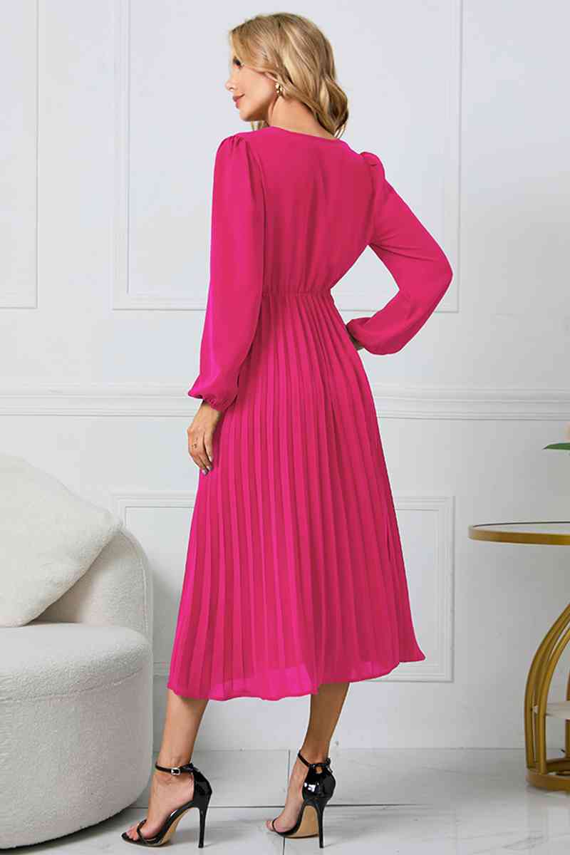 V-Neck Long Sleeve Tie Waist Midi Dress Dresses
