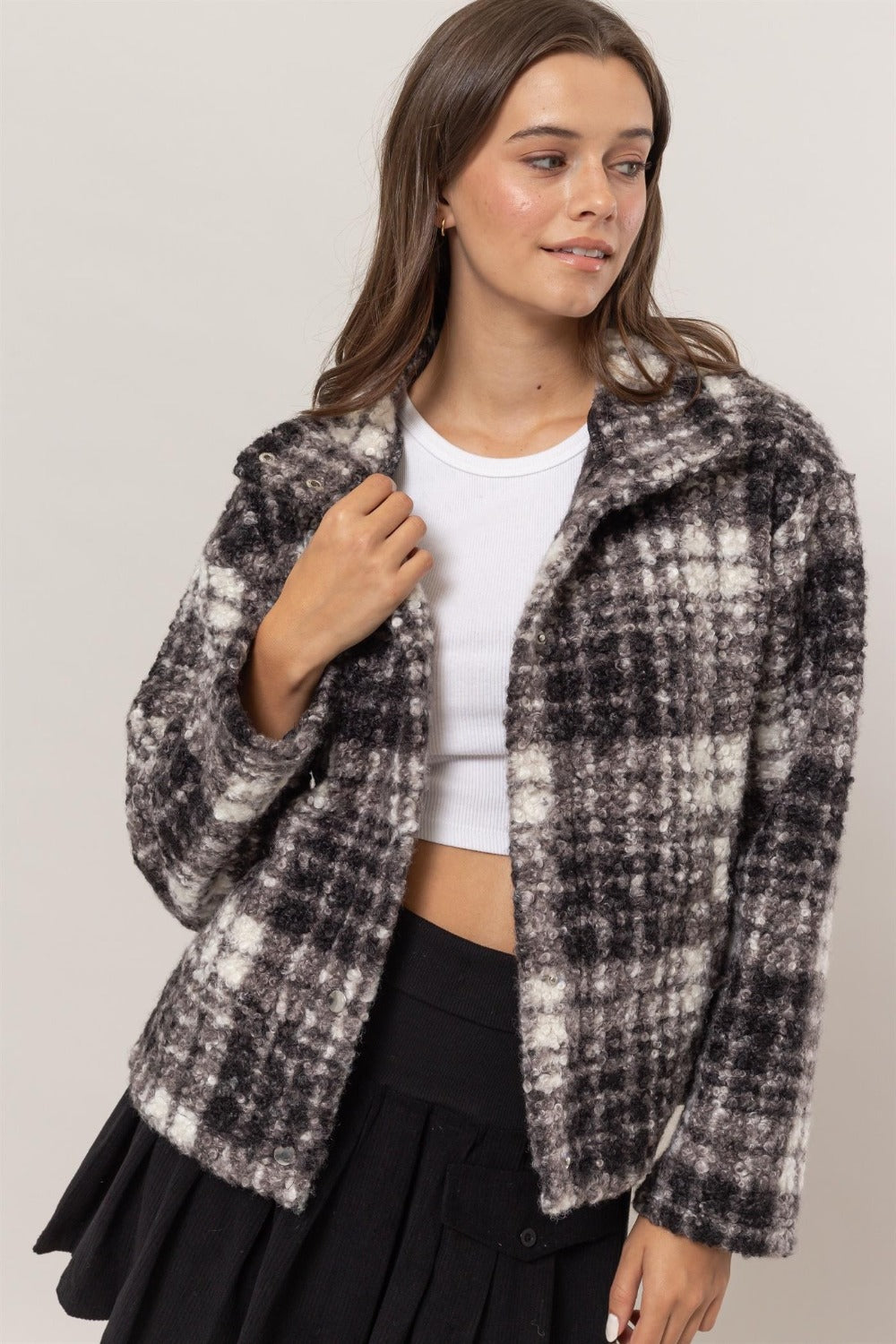 HYFVE Plaid Collared Neck Boucle Jacket with Pockets 