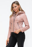 Snobbish Faux Leather Zip Up Drawstring Hooded Jacket 