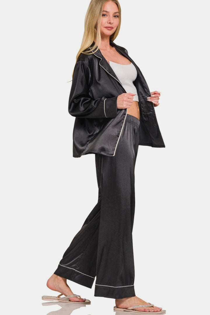 Zenana Satin Long Sleeve Shirt and Pants Pajama Set 