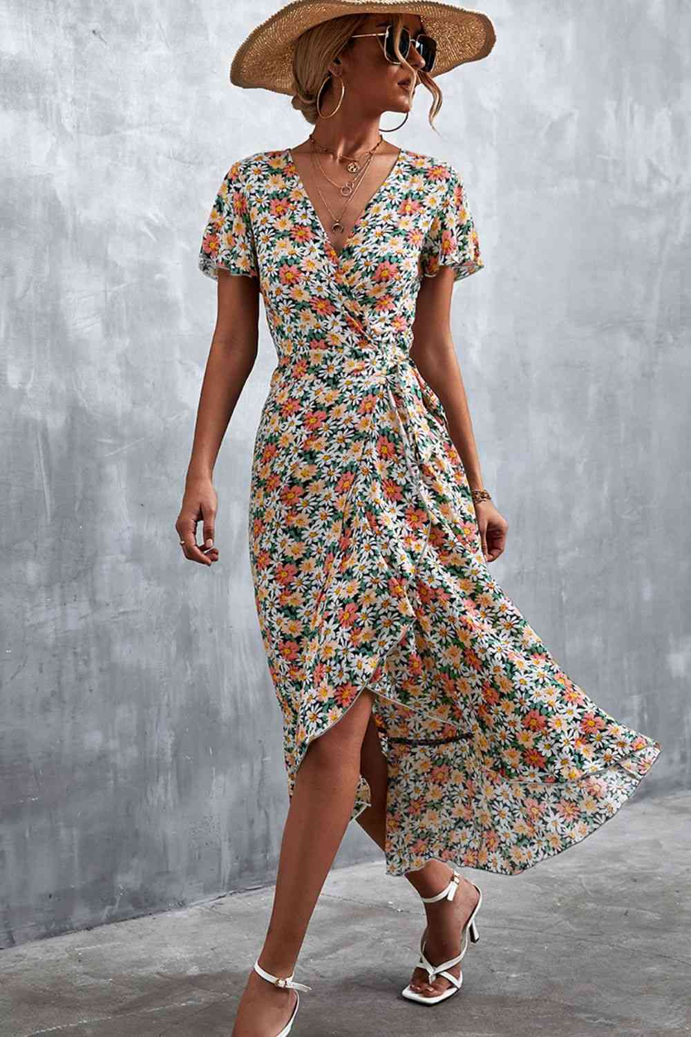 Floral Surplice Neck Tied Midi Dress Dresses