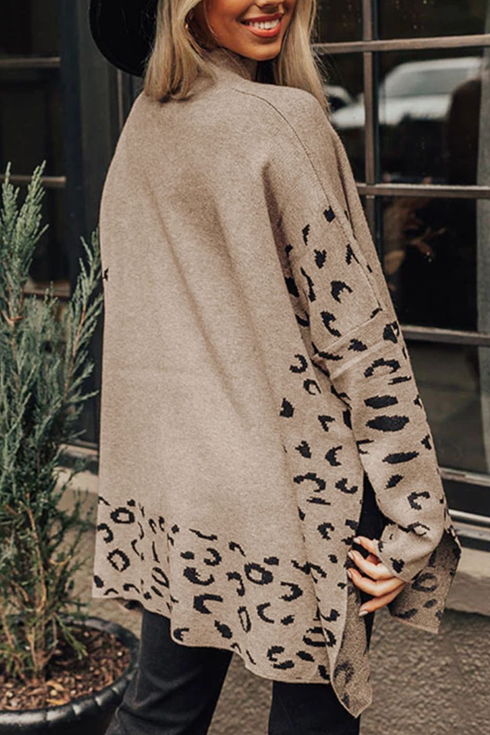 Slit Leopard Mock Neck Dropped Shoulder Sweater 