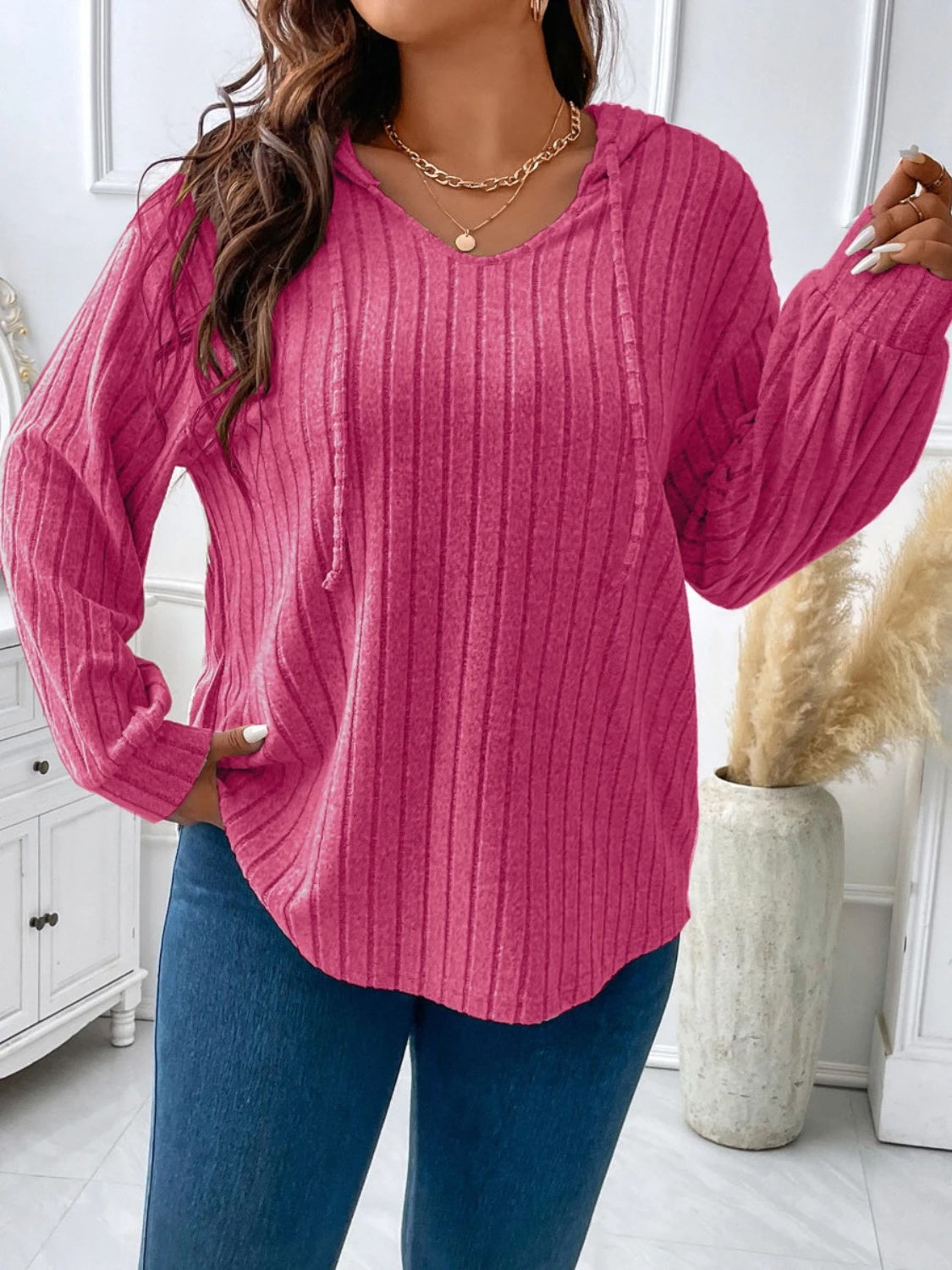 Plus Size Drawstring Dropped Shoulder Hooded T-Shirt 