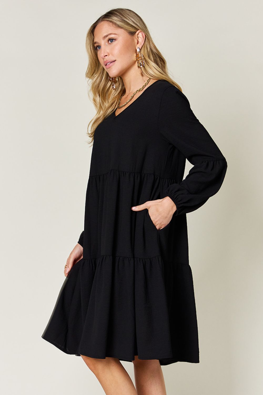 Double Take Full Size V-Neck Balloon Sleeve Tiered Dress with Pockets 