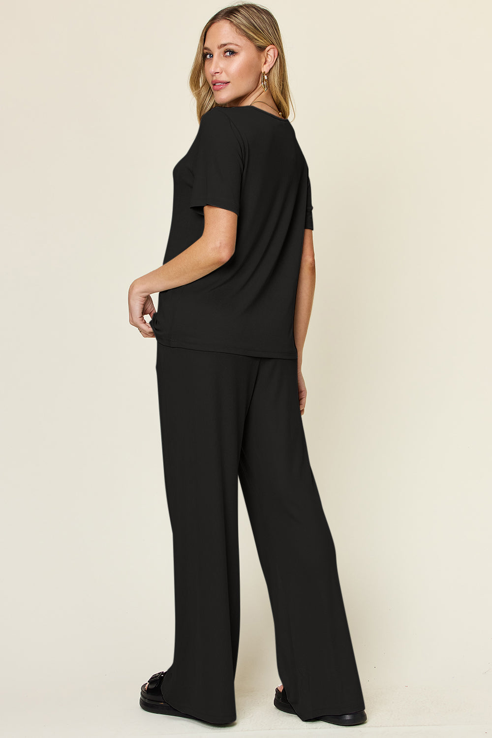 Double Take Full Size Round Neck Short Sleeve T-Shirt and Wide Leg Pants Set 