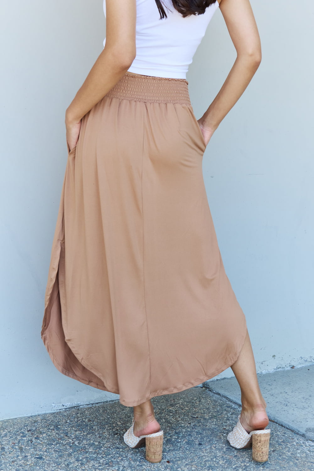 Doublju Comfort Princess Full Size High Waist Scoop Hem Maxi Skirt in Tan 