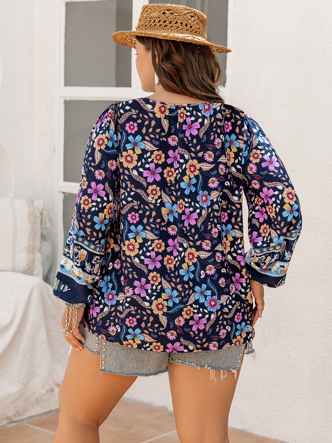 Plus Size Tie Neck Tassel Printed Blouse 