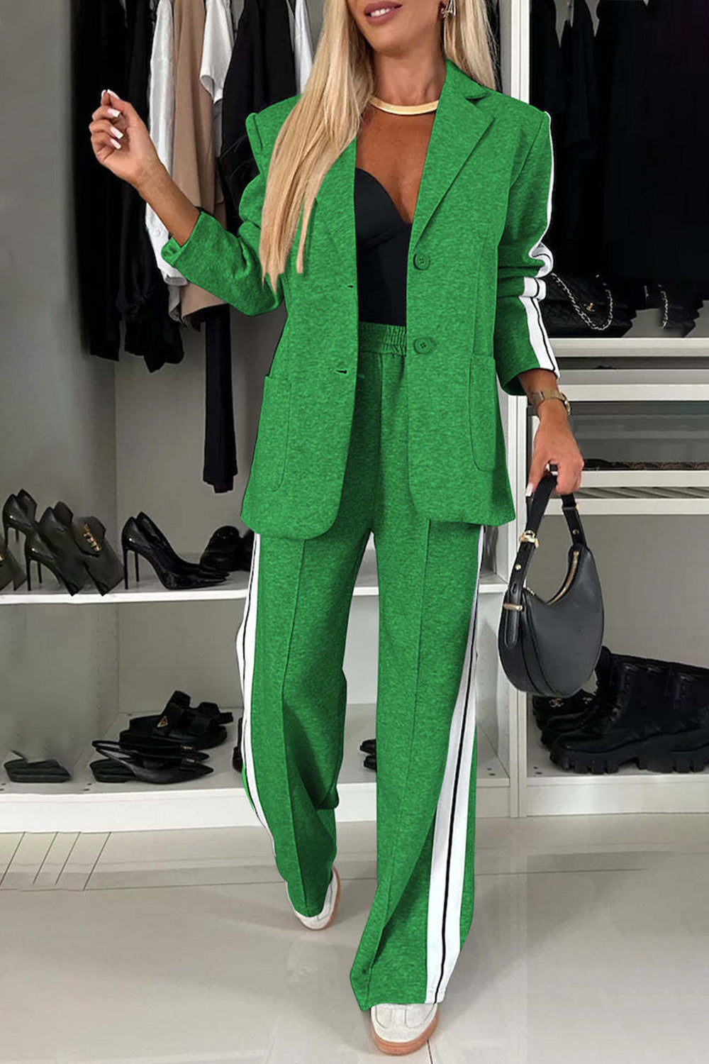 Full Size Contrast Lapel Collar Top and Pants Set 