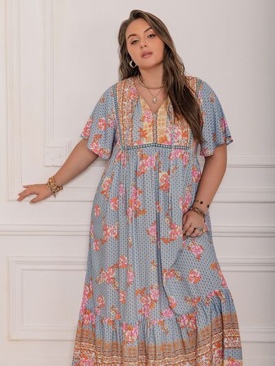 Plus Size Printed Tie Neck Flutter Sleeve Maxi Dress Dresses