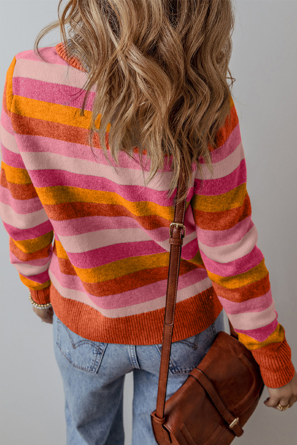 Gray Stripe Color Block Ribbed Edge Round Neck Sweater Sweaters & Cardigans/Sweaters